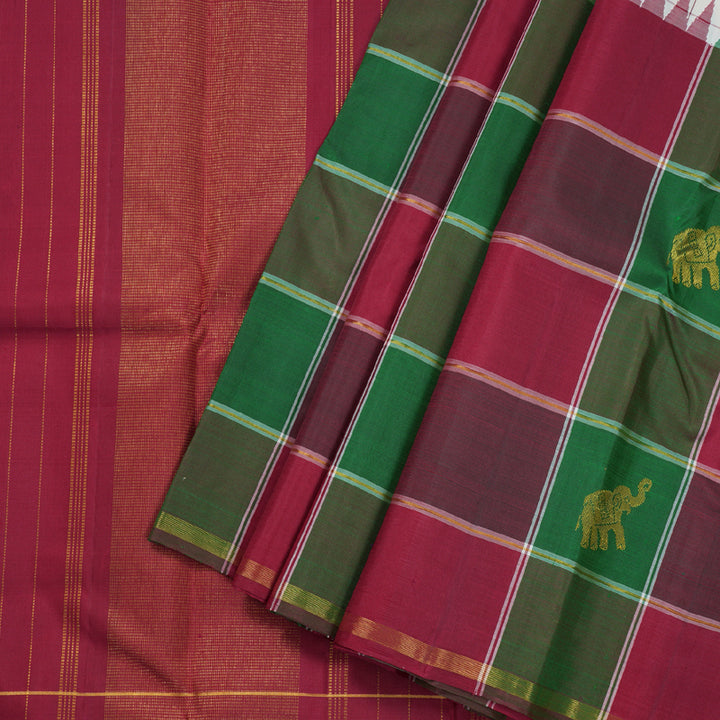 Hayagrivas White Handloom Kanjivaram Silk Saree with Multi Color Checks Border BBD1105K1-1