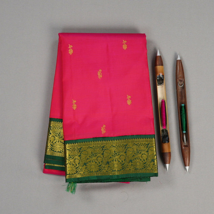 Hayagrivas Reddish Pink Handloom Kanjivaram Silk Saree with Bottle Green Border BBD1108K4-1