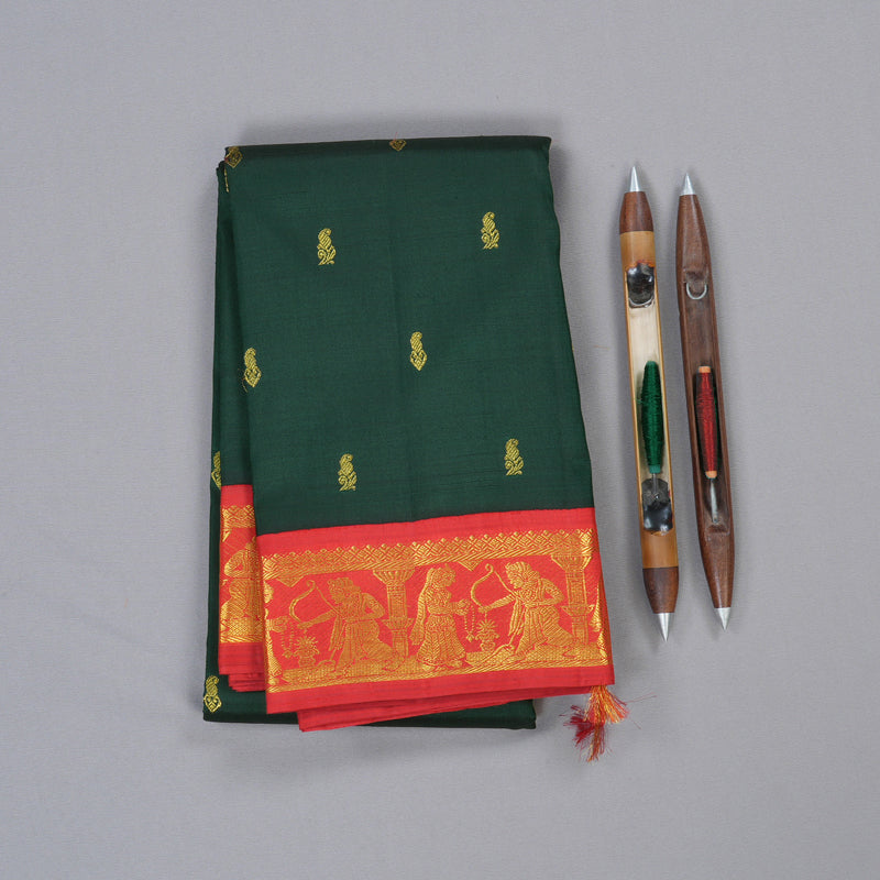 Hayagrivas Luxe Bottle Green Handloom Kanjivaram Silk Saree with Red Border BBD1108K5-1