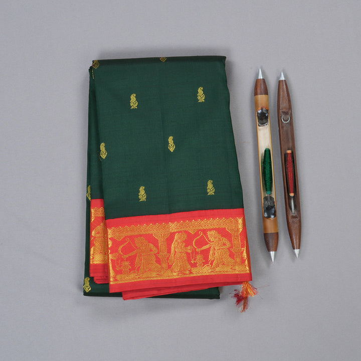 Hayagrivas Luxe Bottle Green Handloom Kanjivaram Silk Saree with Red Border BBD1108K5-1