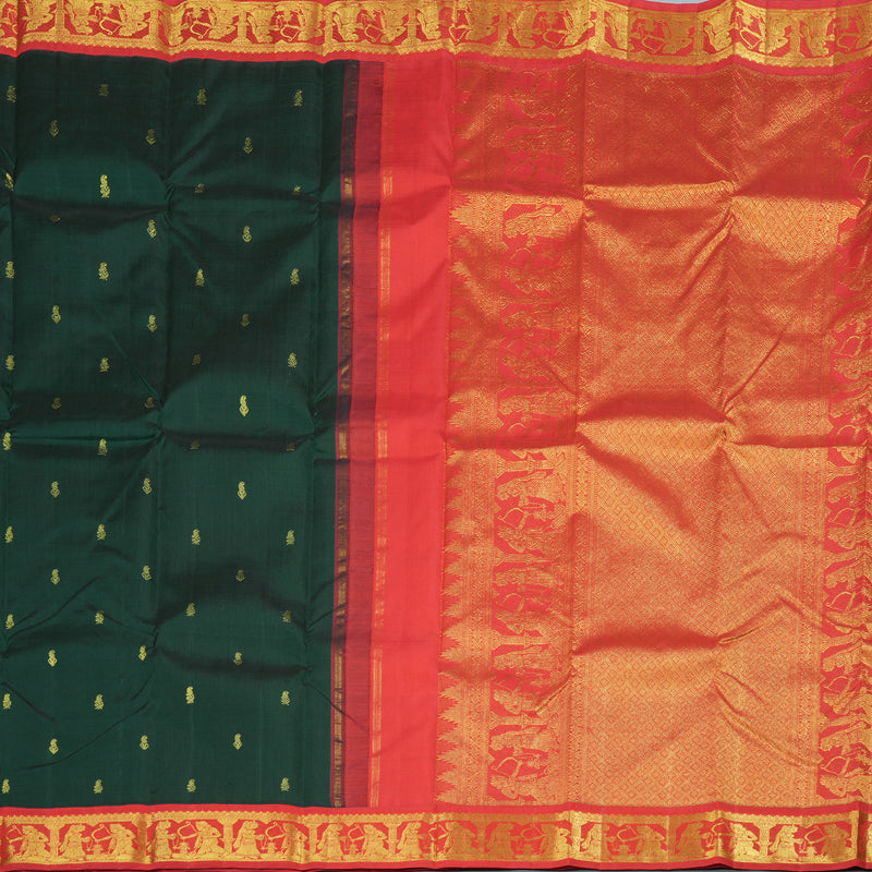 Hayagrivas Luxe Bottle Green Handloom Kanjivaram Silk Saree with Red Border BBD1108K5-1