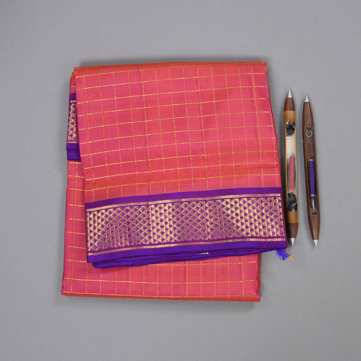 Hayagrivas Orangish Pink Handloom Kanjivaram Ten Yards Silk Saree with Purple Border BBD1109K4-1