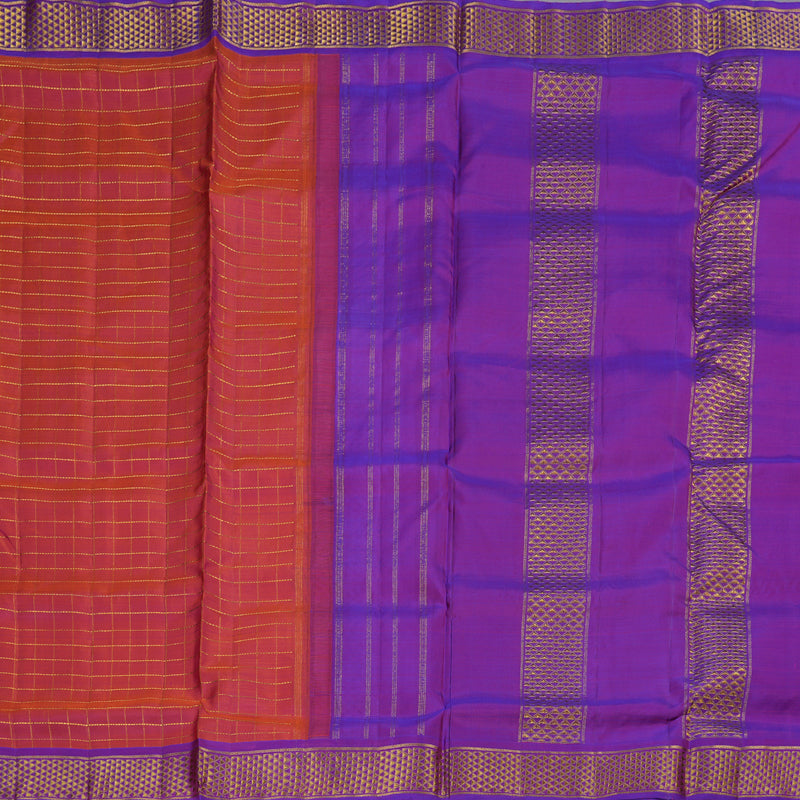 Hayagrivas Orangish Pink Handloom Kanjivaram Ten Yards Silk Saree with Purple Border BBD1109K4-1