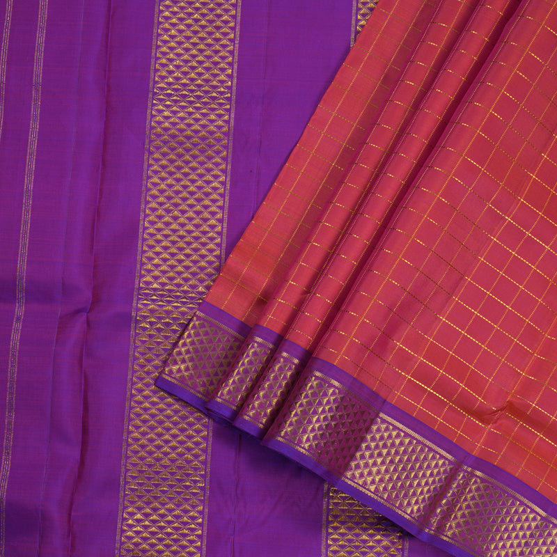 Hayagrivas Orangish Pink Handloom Kanjivaram Ten Yards Silk Saree with Purple Border BBD1109K4-1