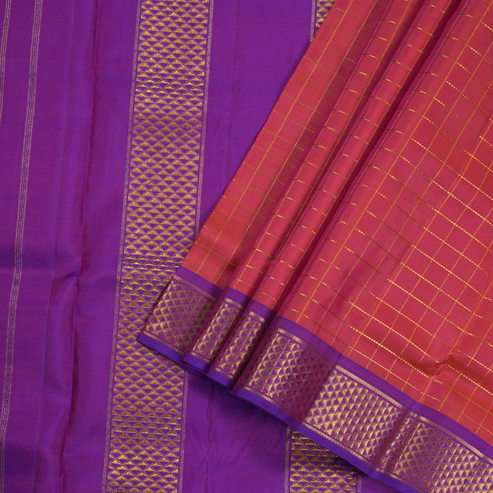 Hayagrivas Orangish Pink Handloom Kanjivaram Ten Yards Silk Saree with Purple Border BBD1109K4-1