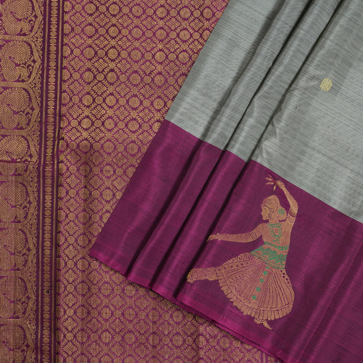 Hayagrivas Sizzling Grey Handloom Kanjivaram Silk Saree with Purple Border BBD1121K5-4