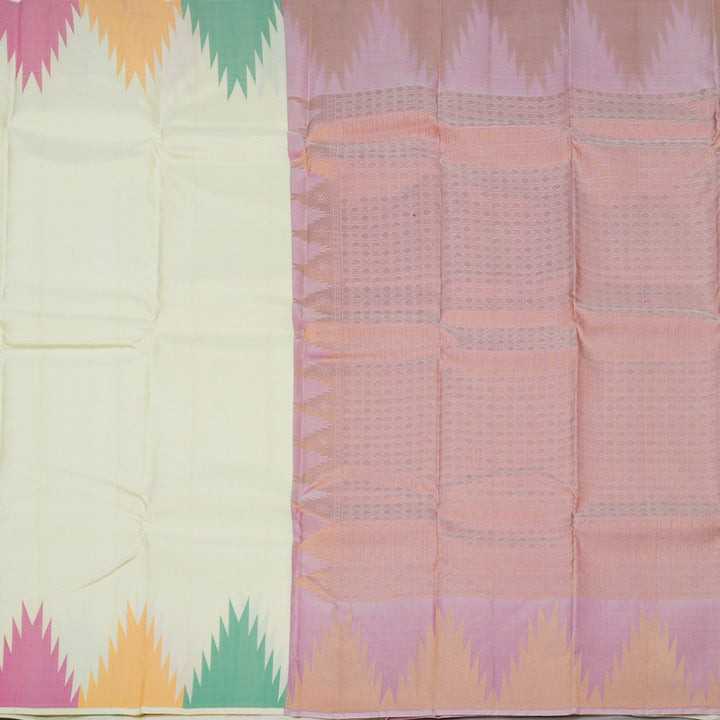 Hayagrivas Handloom Half White Kanjivaram Silk Saree with Multicolour Temple Border Border BBD1121K7-4