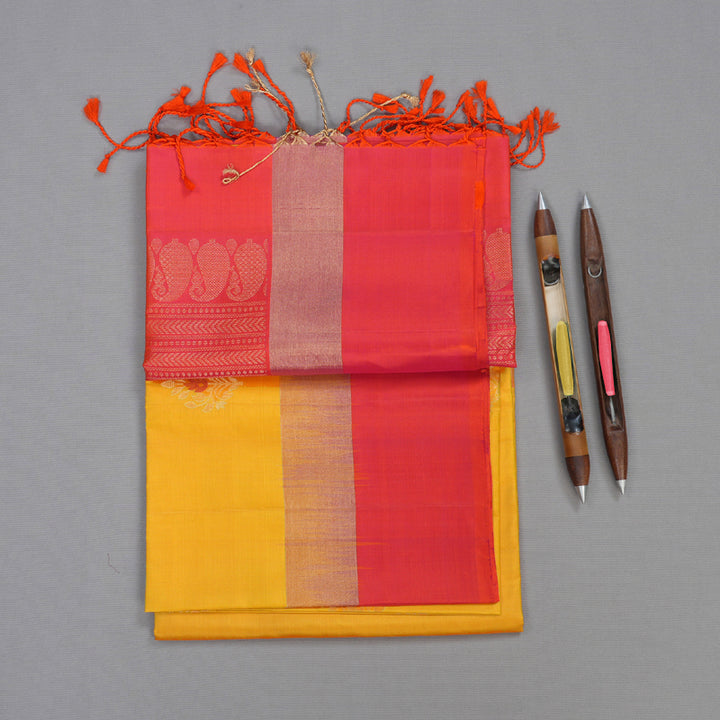 Hayagrivas Mustard Yellow Handloom Soft Silk Saree with Orangish Pink Border BBD1128K12-1