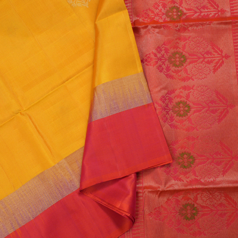 Hayagrivas Mustard Yellow Handloom Soft Silk Saree with Orangish Pink Border BBD1128K12-1