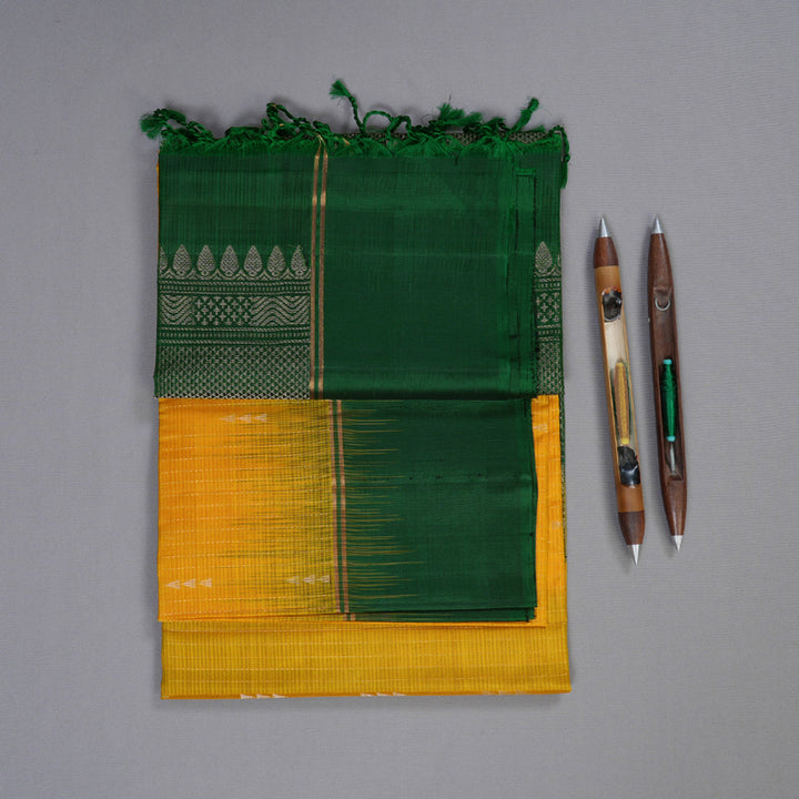 Hayagrivas Mustard Yellow Handloom Kanjivaram Soft Silk Saree with Bottle Green Border BBD1129K11-3