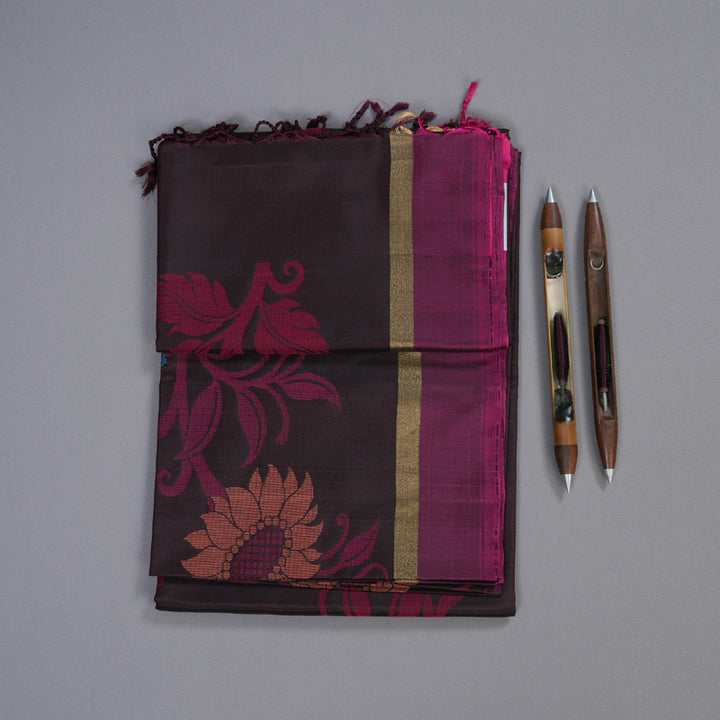 Hayagrivas Dark Brown Soft Silk Saree with Purple Border BBD1131K3-1