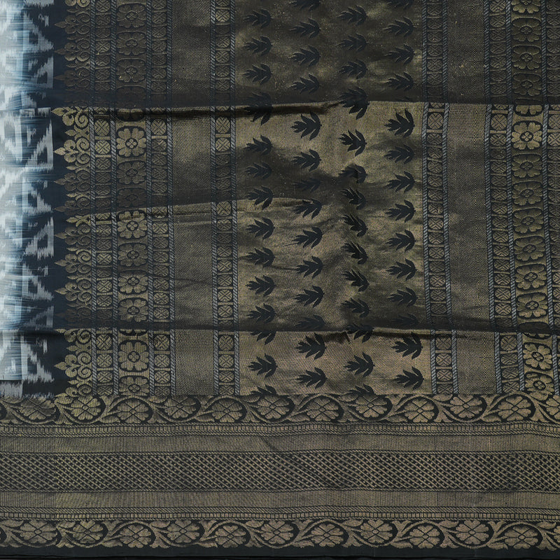 Hayagrivas Handloom White & Grey Ikkat Soft Silk Saree with Black Border BBD1131K4-2