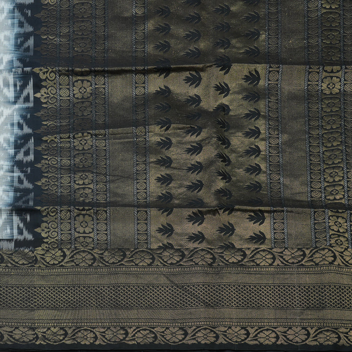 Hayagrivas Handloom White & Grey Ikkat Soft Silk Saree with Black Border BBD1131K4-2