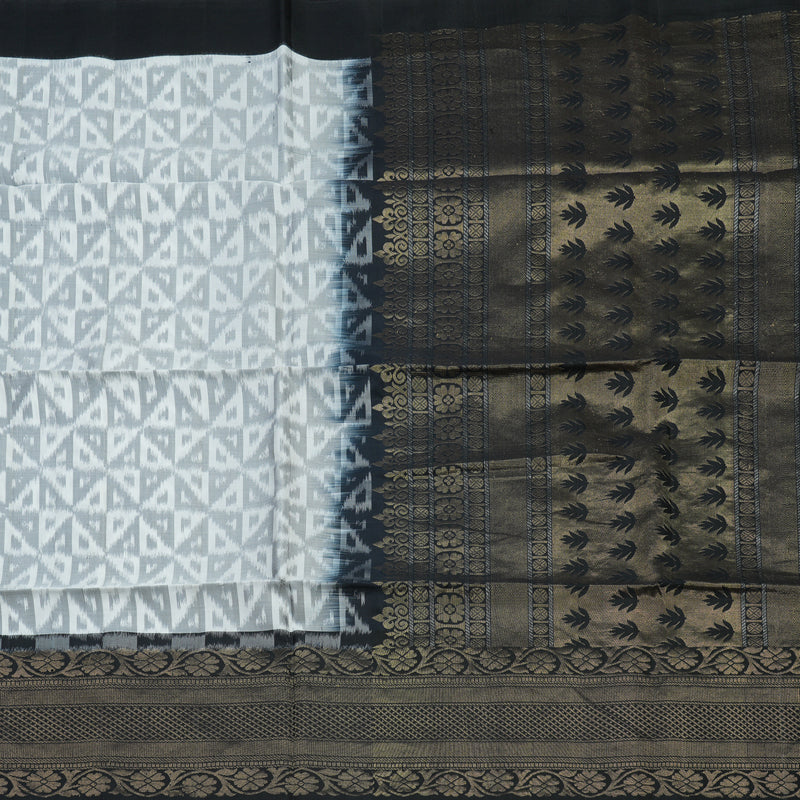 Hayagrivas Handloom White & Grey Ikkat Soft Silk Saree with Black Border BBD1131K4-2