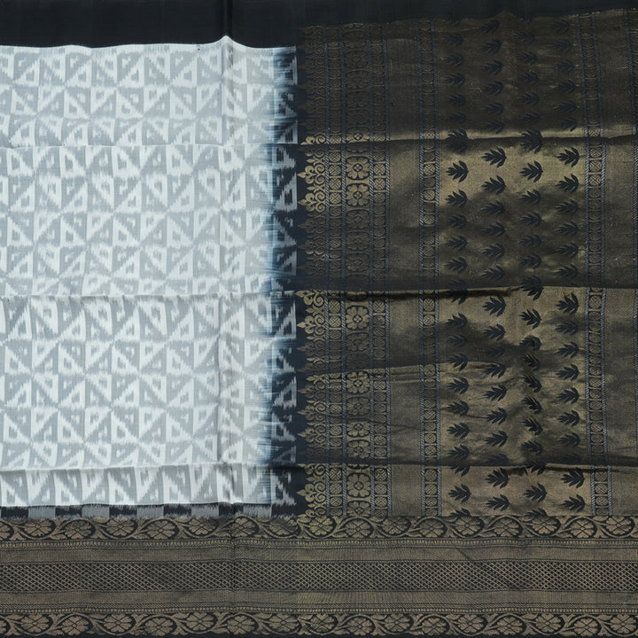 Hayagrivas Handloom White & Grey Ikkat Soft Silk Saree with Black Border BBD1131K4-2