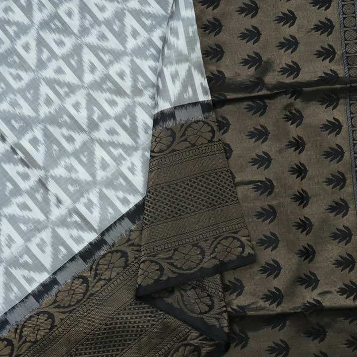 Hayagrivas Handloom White & Grey Ikkat Soft Silk Saree with Black Border BBD1131K4-2