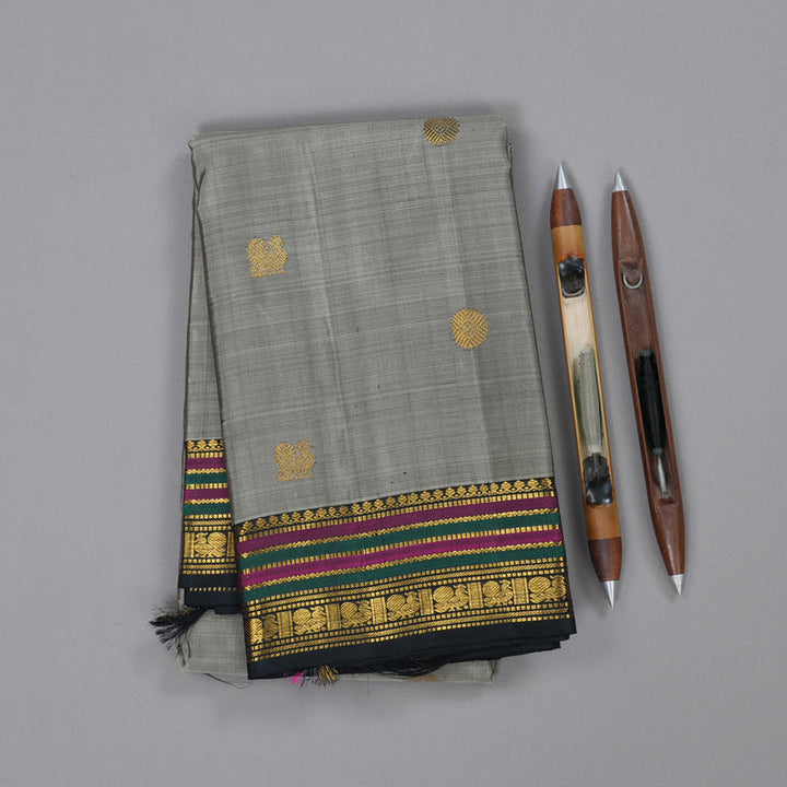 Hayagrivas Ash Grey Handloom Kanjivaram Silk Saree with Black Border BBD1141K4-1