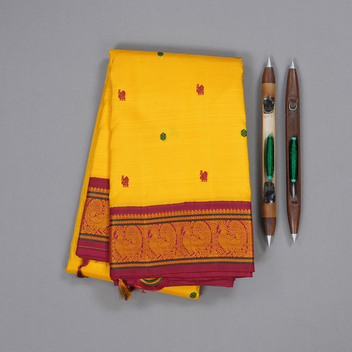 Hayagrivas Yellow Handloom Kanjivaram Silk Saree with Maroon Border BBD1142K6-1