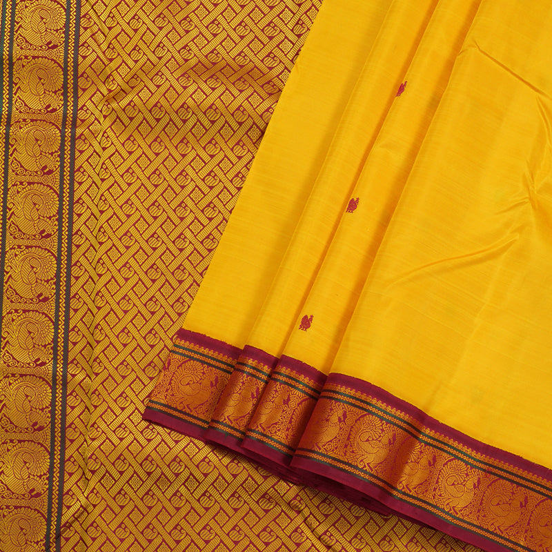 Hayagrivas Yellow Handloom Kanjivaram Silk Saree with Maroon Border BBD1142K6-1