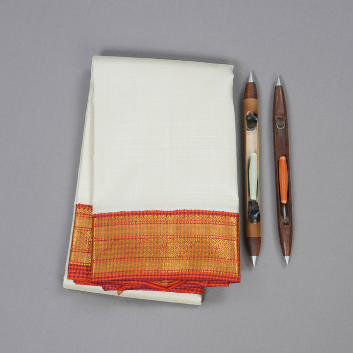 Hayagrivas White Handloom Kanjivaram Silk Saree with Orange with Maroon Muted Checks Border BBD1145K5-1