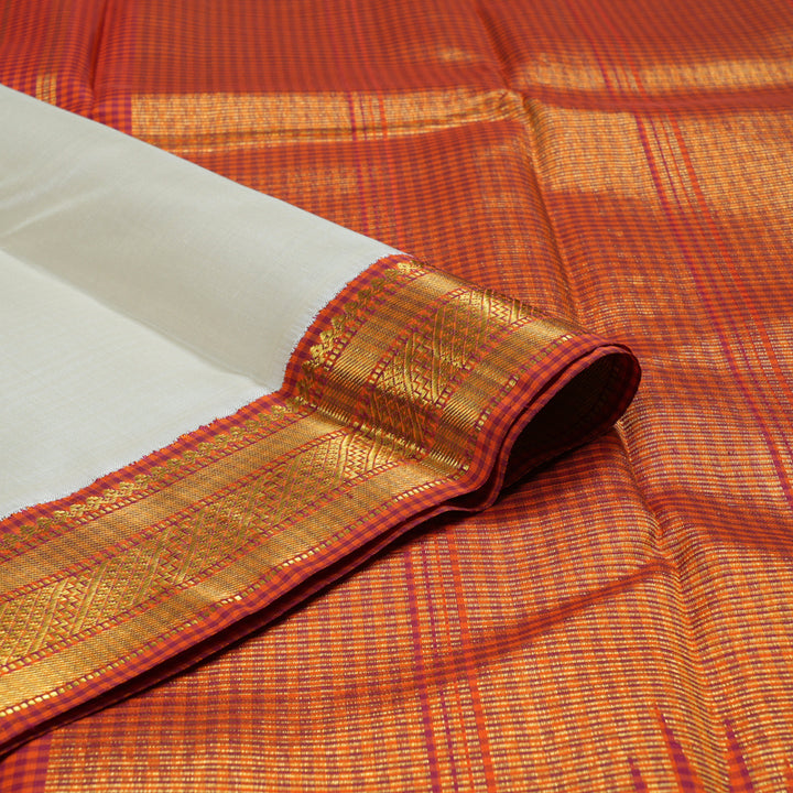 Hayagrivas White Handloom Kanjivaram Silk Saree with Orange with Maroon Muted Checks Border BBD1145K5-1