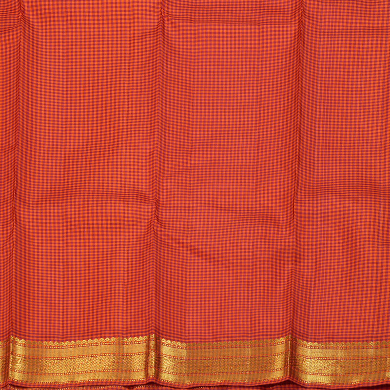 Hayagrivas White Handloom Kanjivaram Silk Saree with Orange with Maroon Muted Checks Border BBD1145K5-1