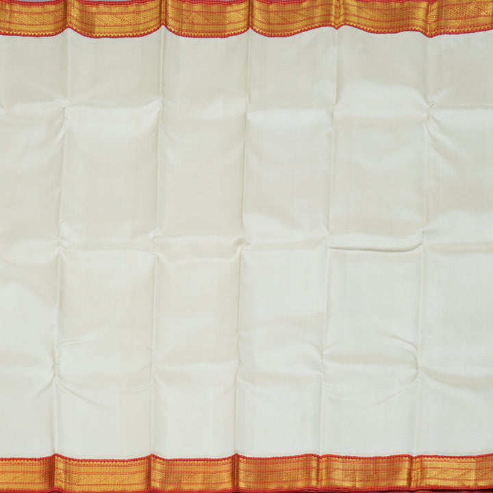 Hayagrivas White Handloom Kanjivaram Silk Saree with Orange with Maroon Muted Checks Border BBD1145K5-1