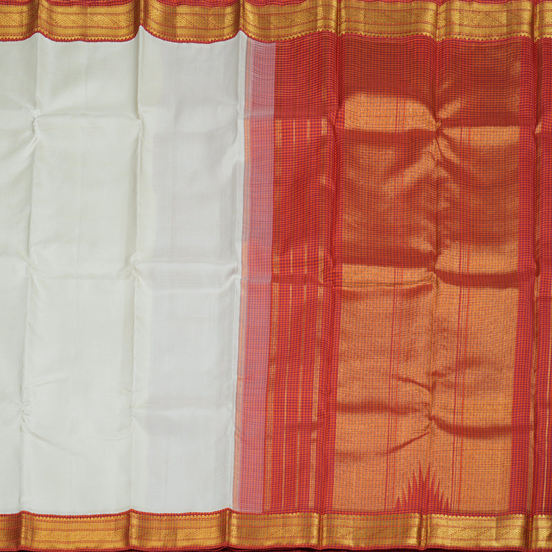 Hayagrivas White Handloom Kanjivaram Silk Saree with Orange with Maroon Muted Checks Border BBD1145K5-1