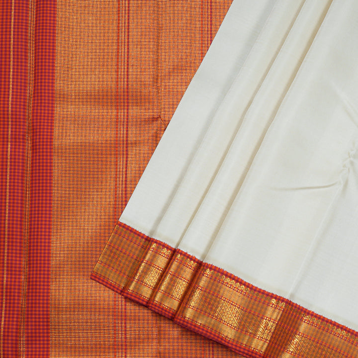 Hayagrivas White Handloom Kanjivaram Silk Saree with Orange with Maroon Muted Checks Border BBD1145K5-1