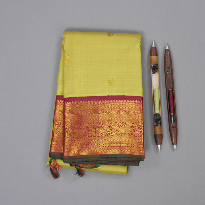 Hayagrivas Light Lemon Yellow Handloom Kanjivaram Silk Saree with Maroon Border BBD1145K7-1