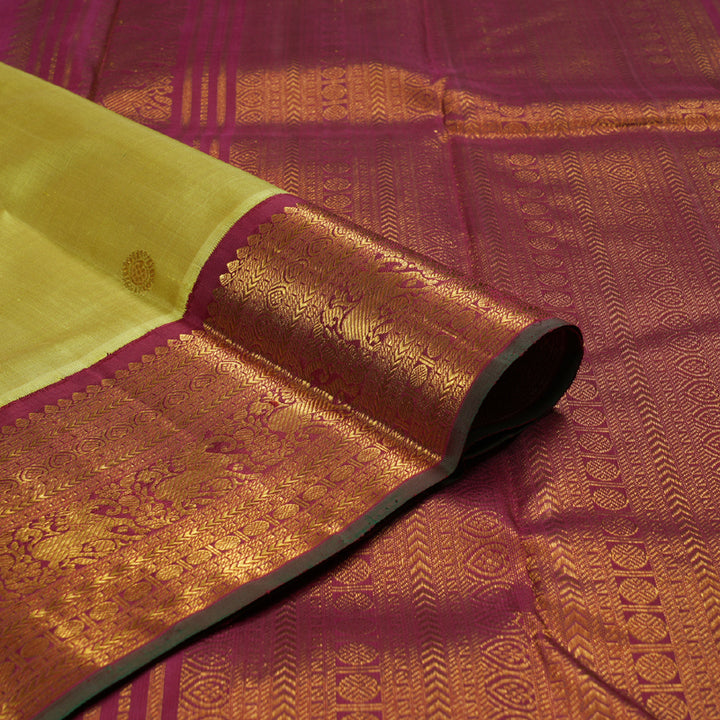 Hayagrivas Light Lemon Yellow Handloom Kanjivaram Silk Saree with Maroon Border BBD1145K7-1