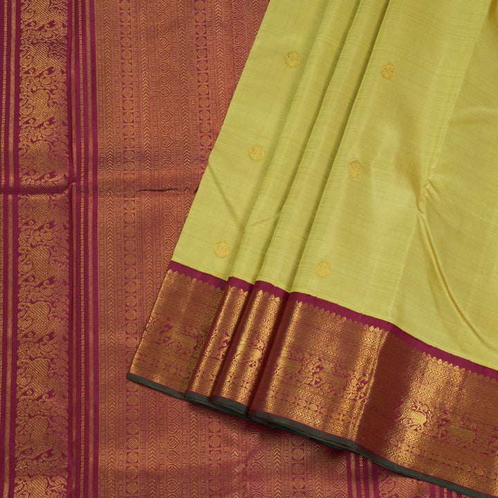 Hayagrivas Light Lemon Yellow Handloom Kanjivaram Silk Saree with Maroon Border BBD1145K7-1