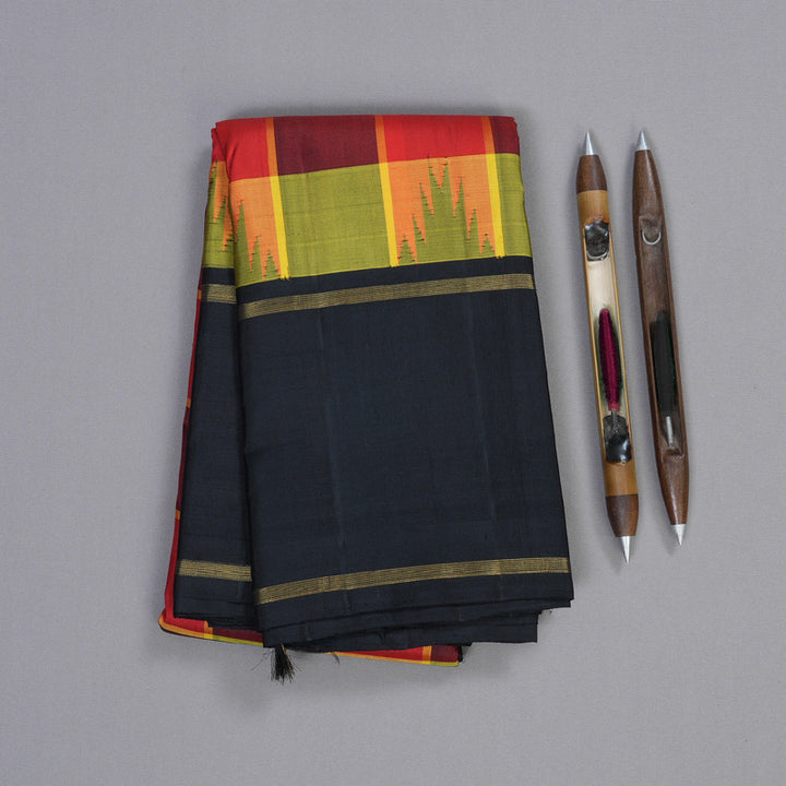 Hayagrivas Multi Color Checks Handloom Kanjivaram Silk Saree with Black Border BBD1155K1-1