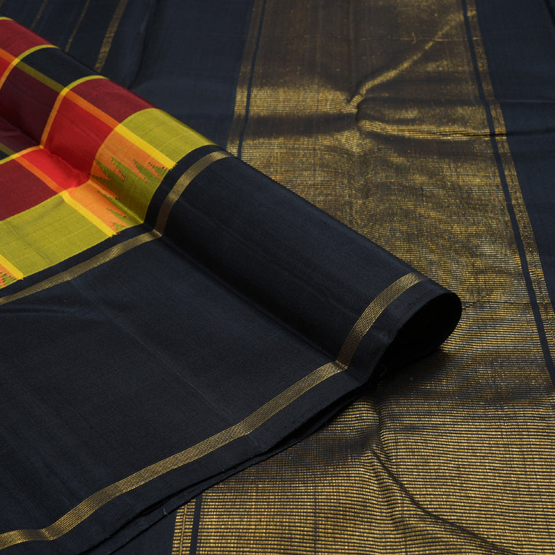 Hayagrivas Multi Color Checks Handloom Kanjivaram Silk Saree with Black Border BBD1155K1-1