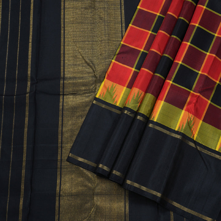 Hayagrivas Multi Color Checks Handloom Kanjivaram Silk Saree with Black Border BBD1155K1-1