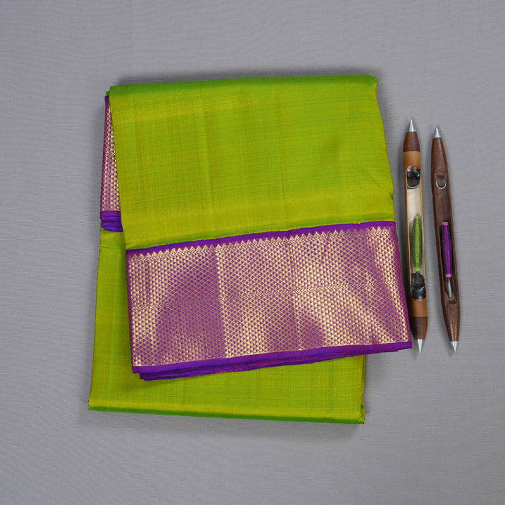 Hayagrivas Fluorescent Green Handloom Kanjivaram Ten Yards Silk Saree with Purple Border BBD1168K10-3