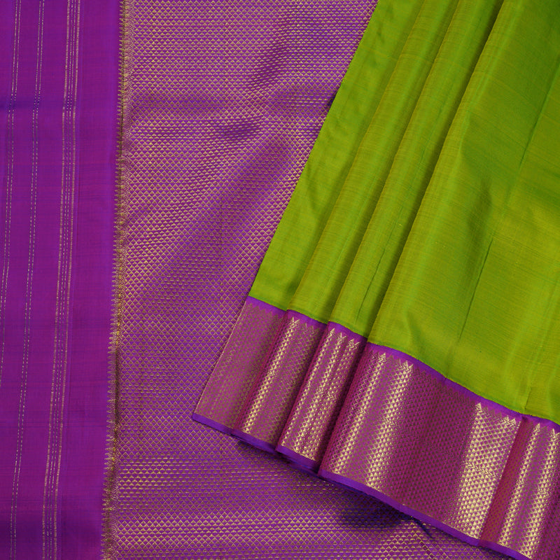 Hayagrivas Fluorescent Green Handloom Kanjivaram Ten Yards Silk Saree with Purple Border BBD1168K10-3