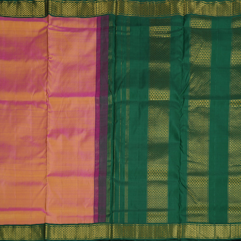 Hayagrivas Dual Tone (Pink With Yellow) Handloom Kanjivaram Ten Yards Silk Saree with Bottle Green Border BBD1171K1-1