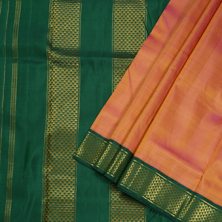 Hayagrivas Dual Tone (Pink With Yellow) Handloom Kanjivaram Ten Yards Silk Saree with Bottle Green Border BBD1171K1-1