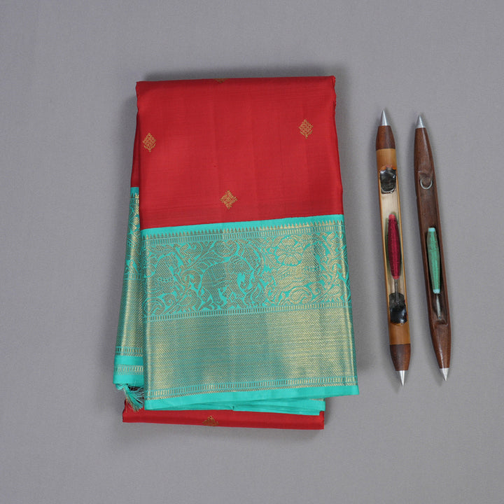 Hayagrivas Red Handloom Kanjivaram Silk Saree with Sea Green Border BBD1173K5-1