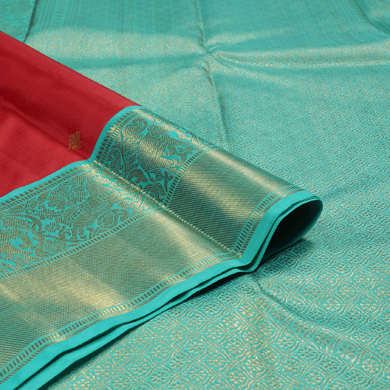 Hayagrivas Red Handloom Kanjivaram Silk Saree with Sea Green Border BBD1173K5-1