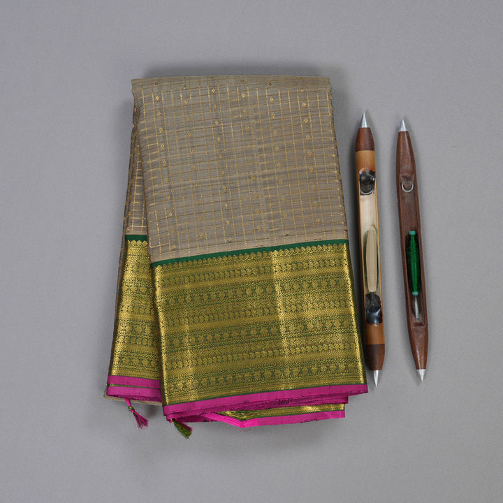 Hayagrivas Ash Grey Handloom Kanjivaram Silk Saree with Bottle Green Border BBD1187K4-1