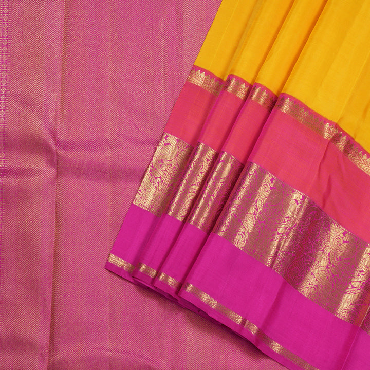 Hayagrivas Yellow Handloom Kanjivaram Silk Saree with Ganga Jamuna (Blue And Pink) Border BBD1187K6-1