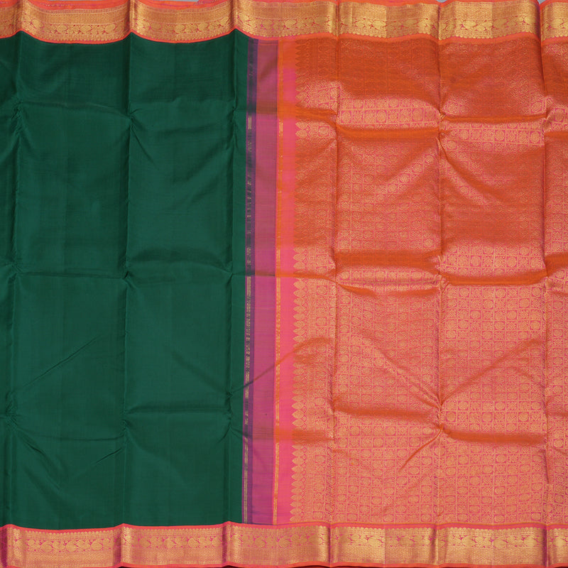 Hayagrivas Bottle Green Handloom Kanjivaram Silk Saree with Orangish Pink Border BBD1195K3-3