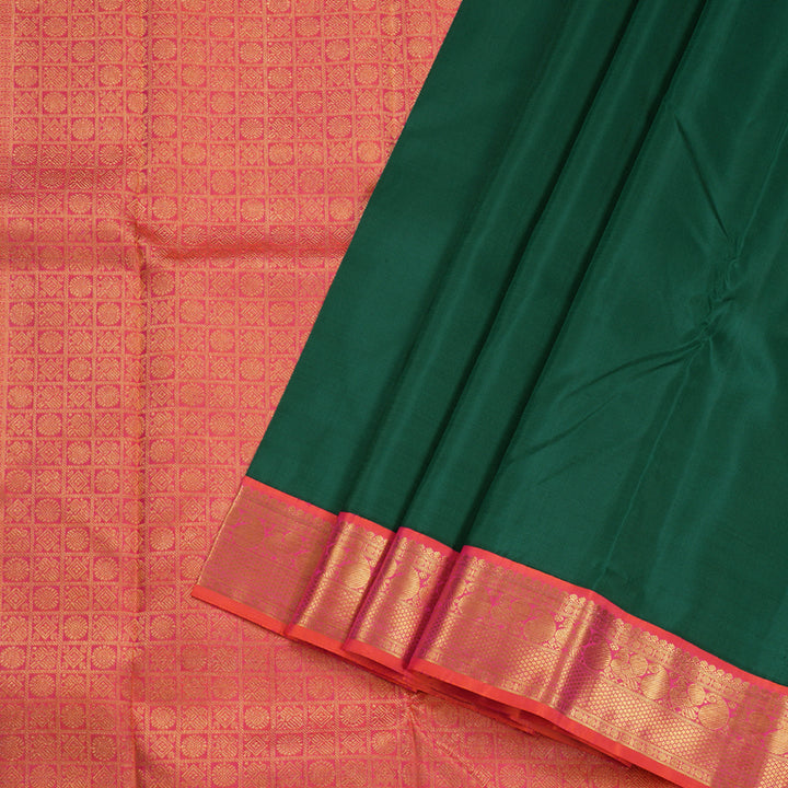 Hayagrivas Bottle Green Handloom Kanjivaram Silk Saree with Orangish Pink Border BBD1195K3-3