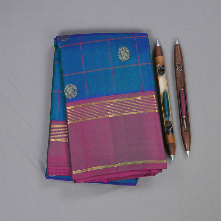 Hayagrivas Peacock Blue Handloom Kanjivaram Silk Saree with Purple Border BBD1212K8-1