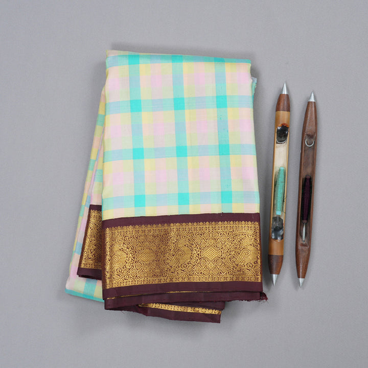 Hayagrivas Multi Color Checks Handloom Kanjivaram Silk Saree with Dark Brown Border BBD1224K4-1