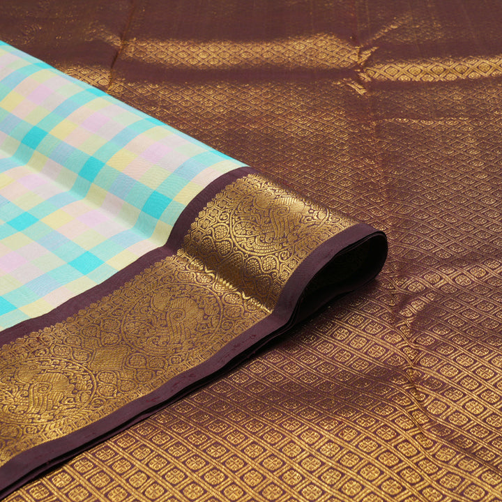 Hayagrivas Multi Color Checks Handloom Kanjivaram Silk Saree with Dark Brown Border BBD1224K4-1