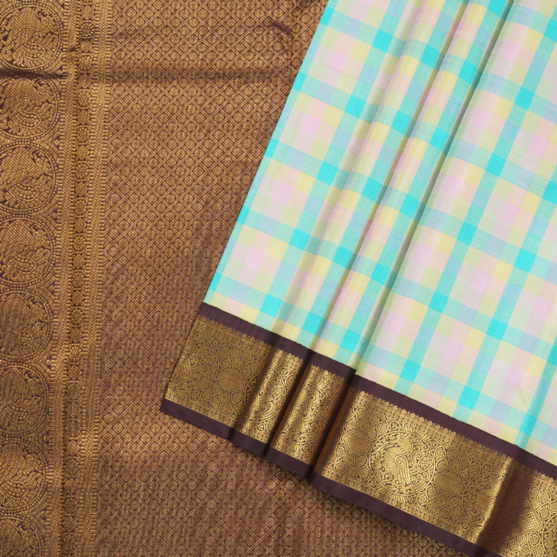 Hayagrivas Multi Color Checks Handloom Kanjivaram Silk Saree with Dark Brown Border BBD1224K4-1