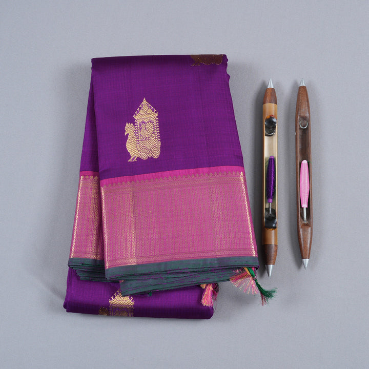 Hayagrivas Purple Handloom Kanjivaram Silk Saree with Pink Border BBD1235K6-1